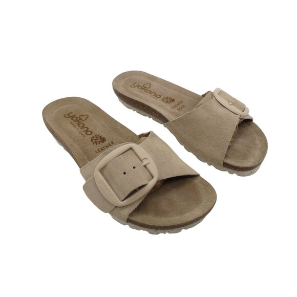 YOKONO Women's Tan Suede Buckle Slide Sandals Size 6.5 - Picture 1 of 9
